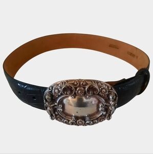 Vtg BRIGHTON Blk Croc Embossed Leather Wide Belt w/Silver Domed Cherub Buckle S